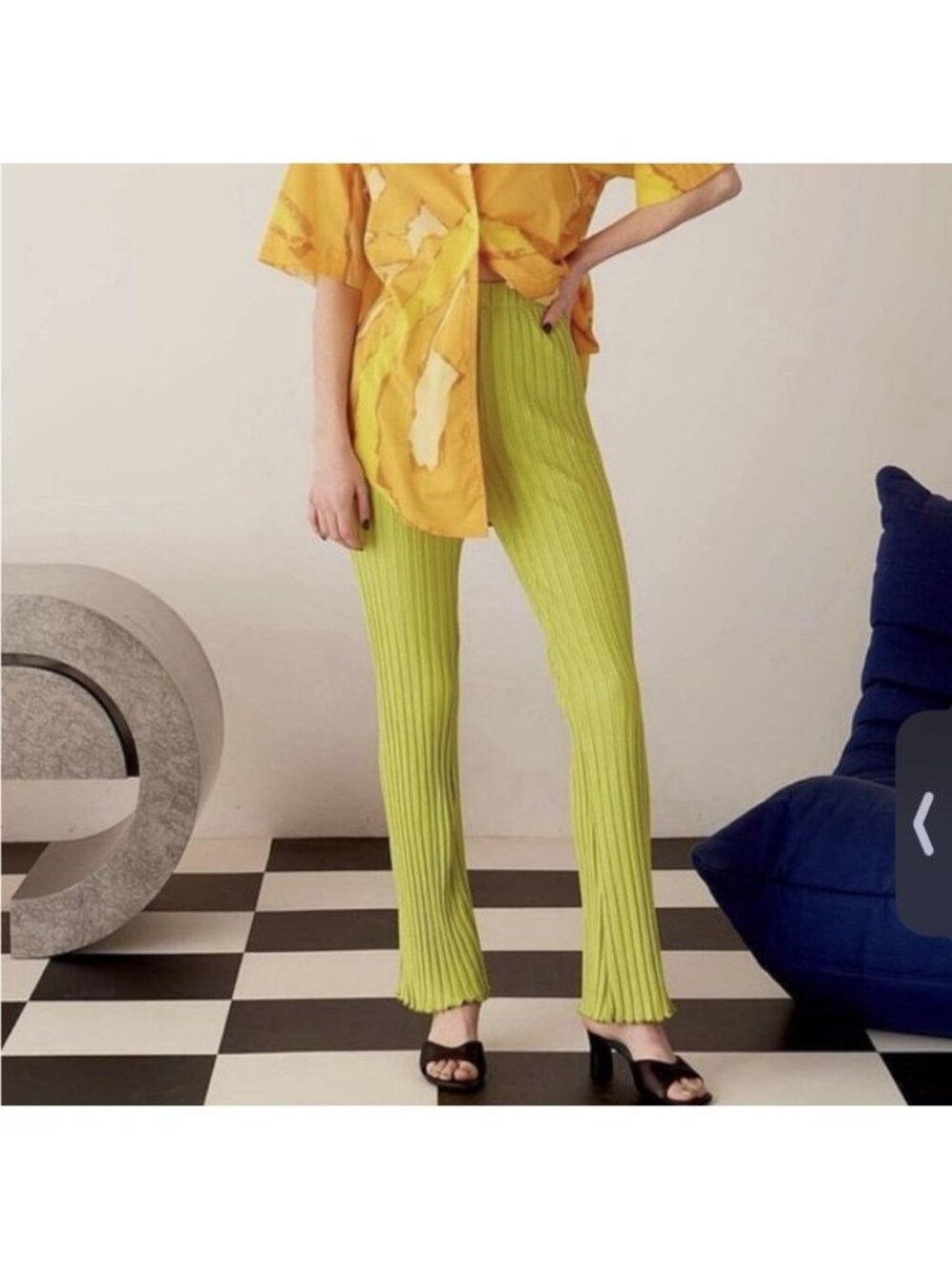 SIMON MILLER Women’s Ribbed Flare Pants Lime Green Lettuce Hem Size Medium